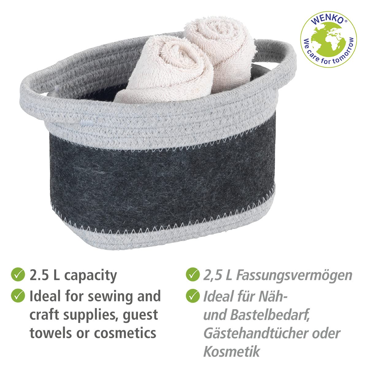 wenko-filzkorb-bea-s-aufbewahrungskorb-dunkelgrau-hellgrau-2-5-l-18-x-13-x-12-cm image 3
