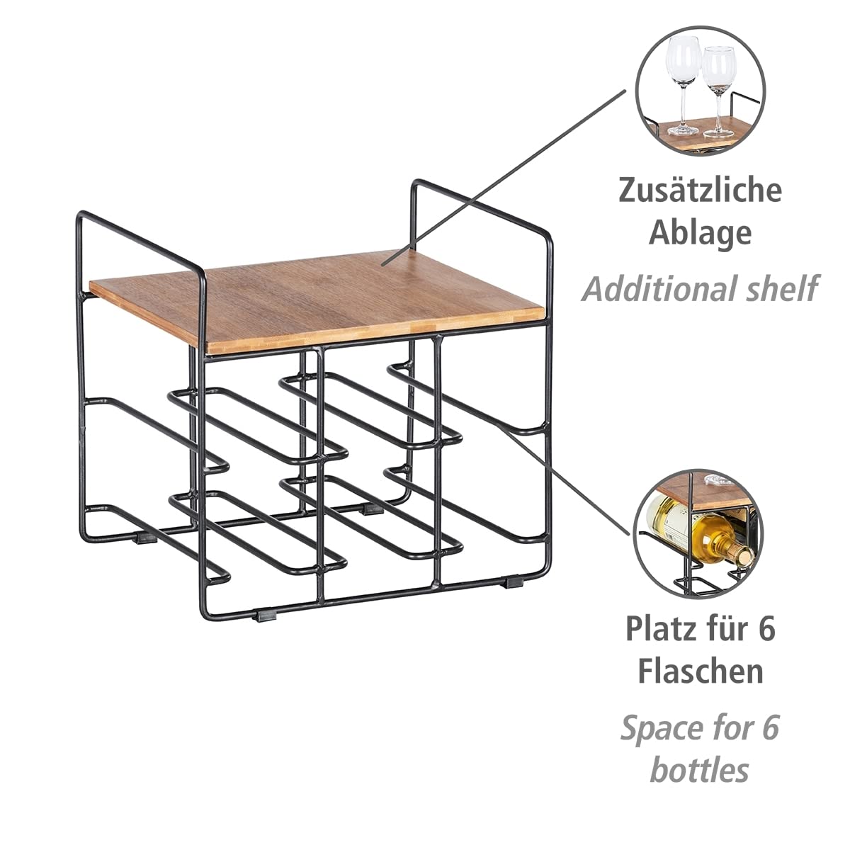 wenko-loft-weinregal-f-r-6-flaschen-bambus-schwarz-metall-30x27-5x24-cm-mit-abla image 2