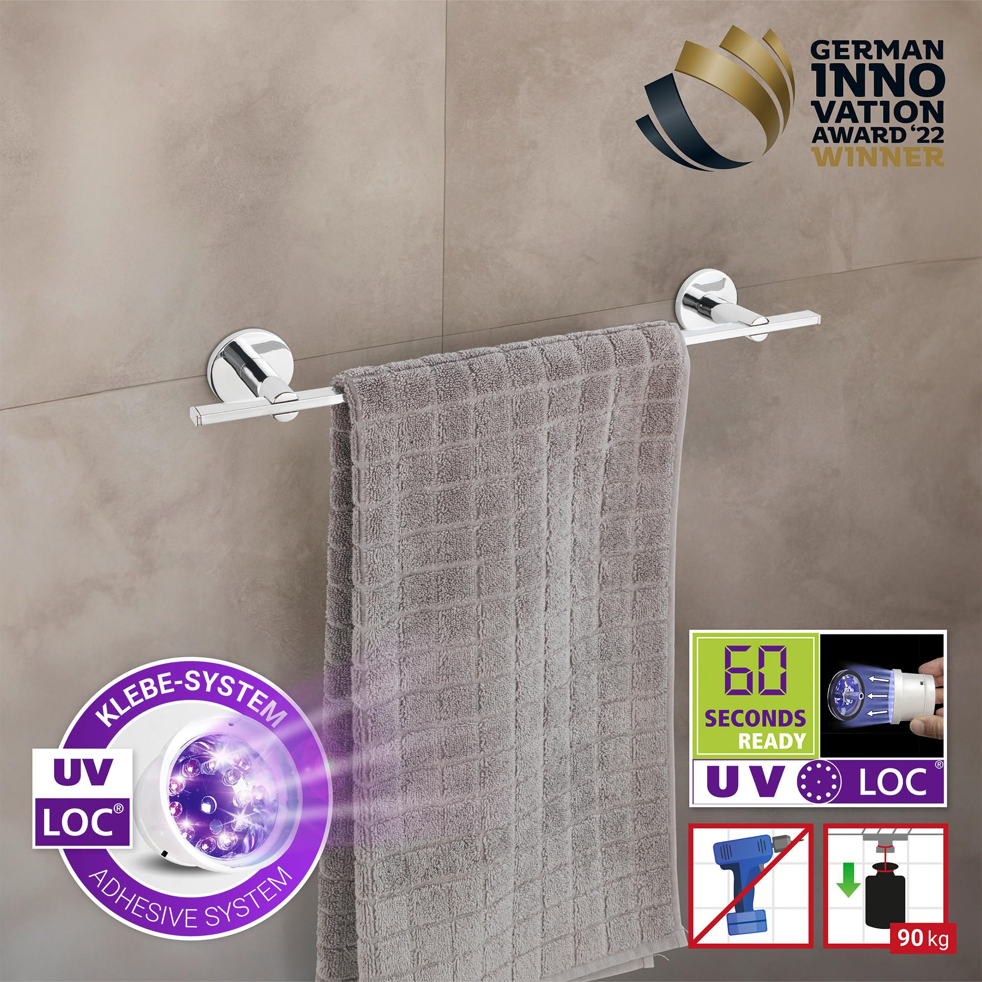 wenko-uv-loc-badetuchstange-uno-isera-vierkantrohr-chrom-41-cm-ohne-bohren image 2