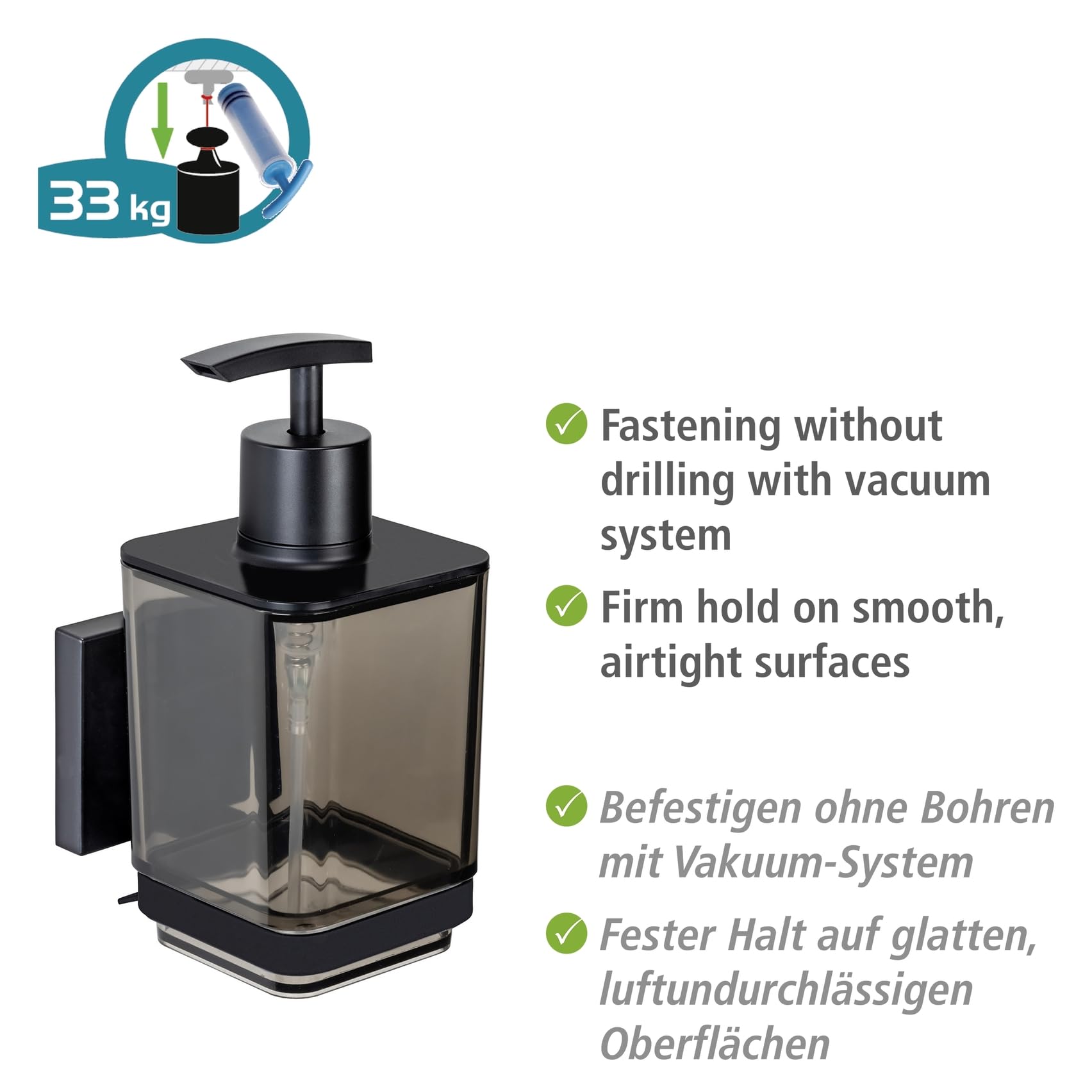 wenko-seifenspender-quadro-340-ml-schwarz-mit-edelstahl-halterung-vacuum-loc image 3