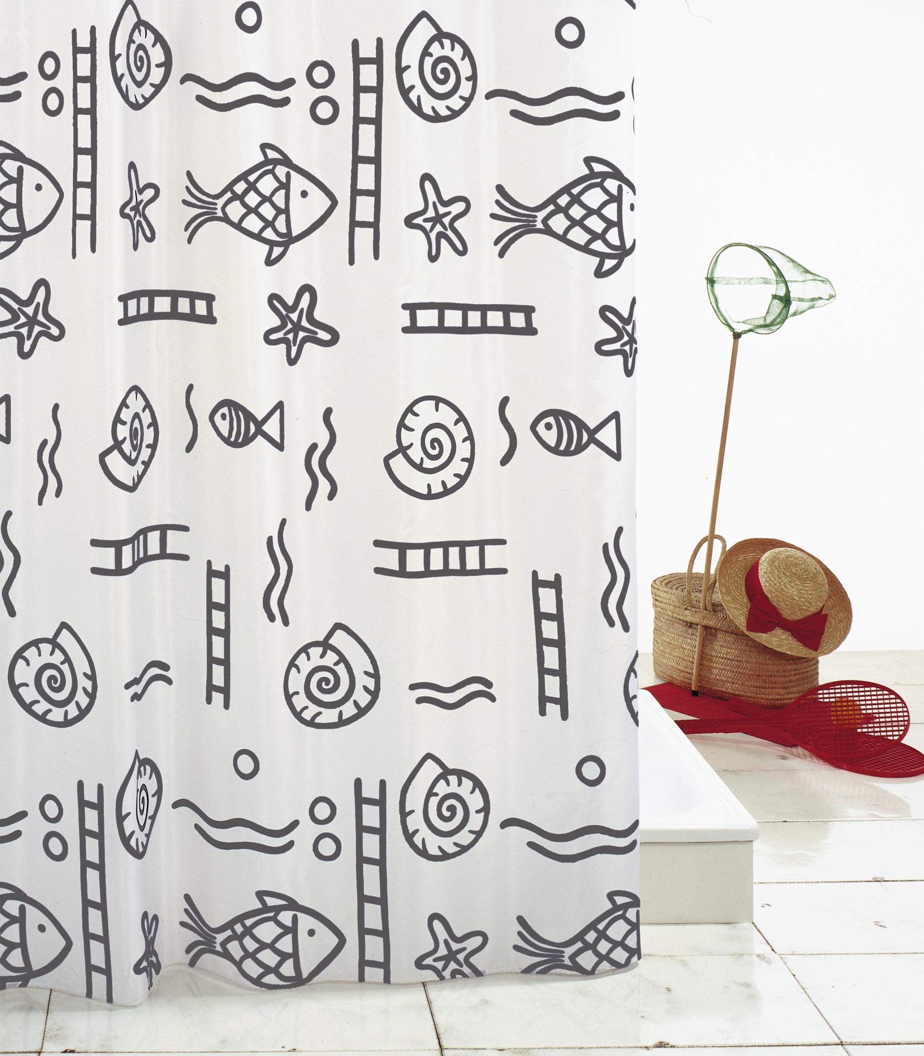 ridder-duschvorhang-textil-neptun-180x200-cm-grau-mit-fischen-inkl-ringe image 2