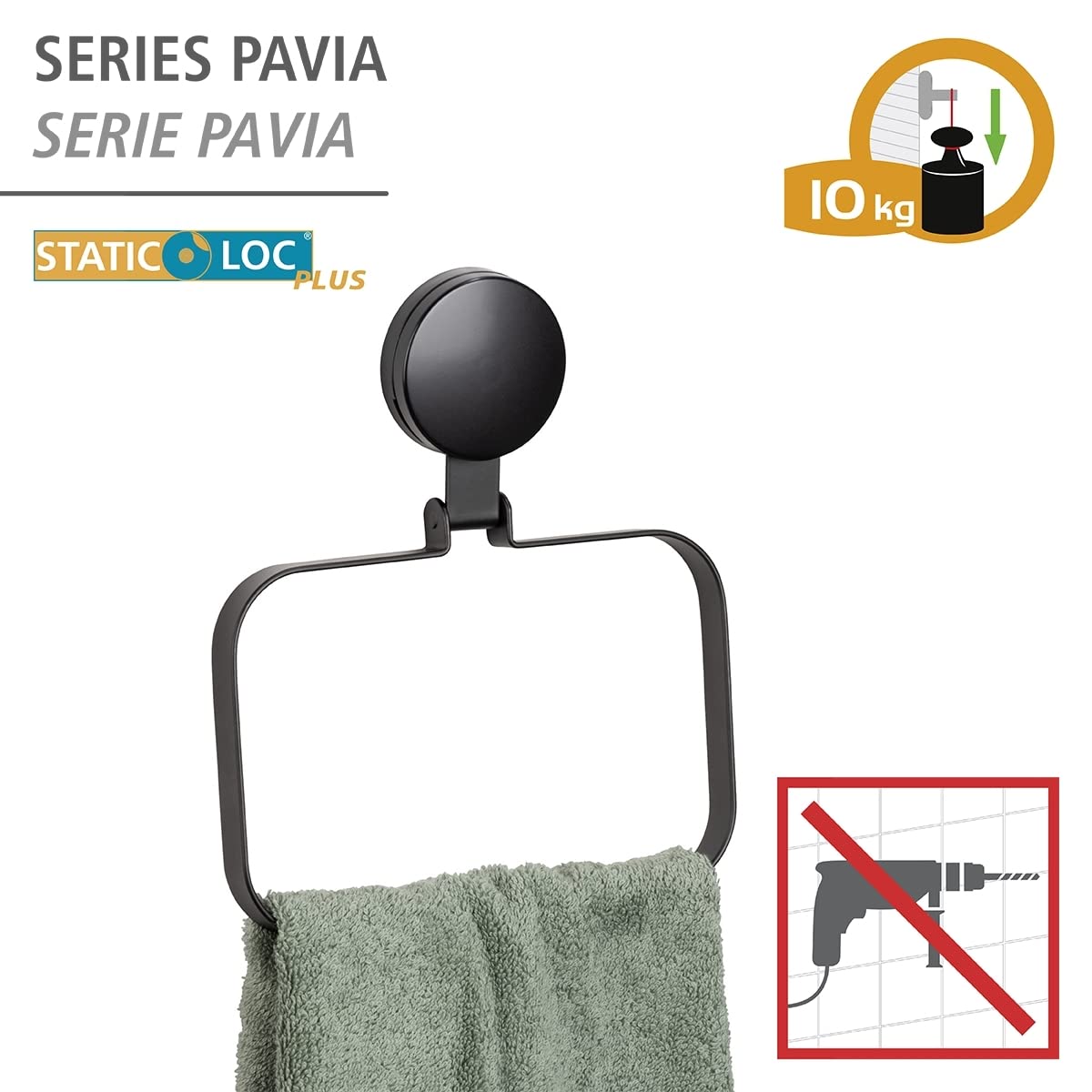 wenko-static-loc-plus-handtuchring-pavia-schwarz-stahl-matt-18-5-x-21-cm image 2