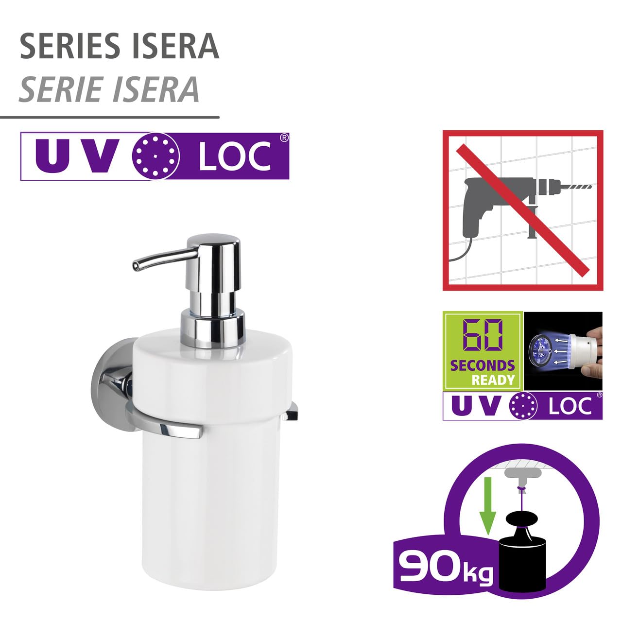 wenko-isera-uv-loc-seifenspender-keramik-360-ml-10-x-18-x-11-cm-chrom-wei image 2
