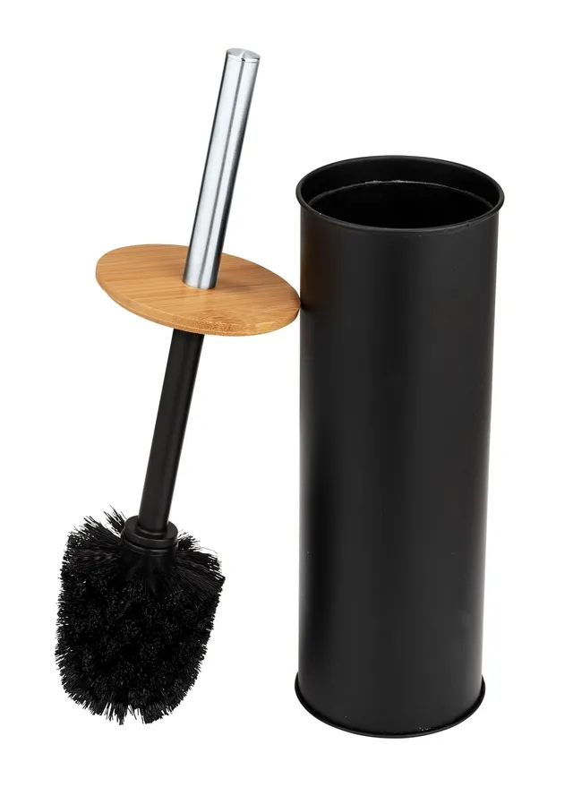 wenko-wc-garnitur-tortona-geschlossene-toilettenb-rste-stahl-mit-bambus-schwarz image 1