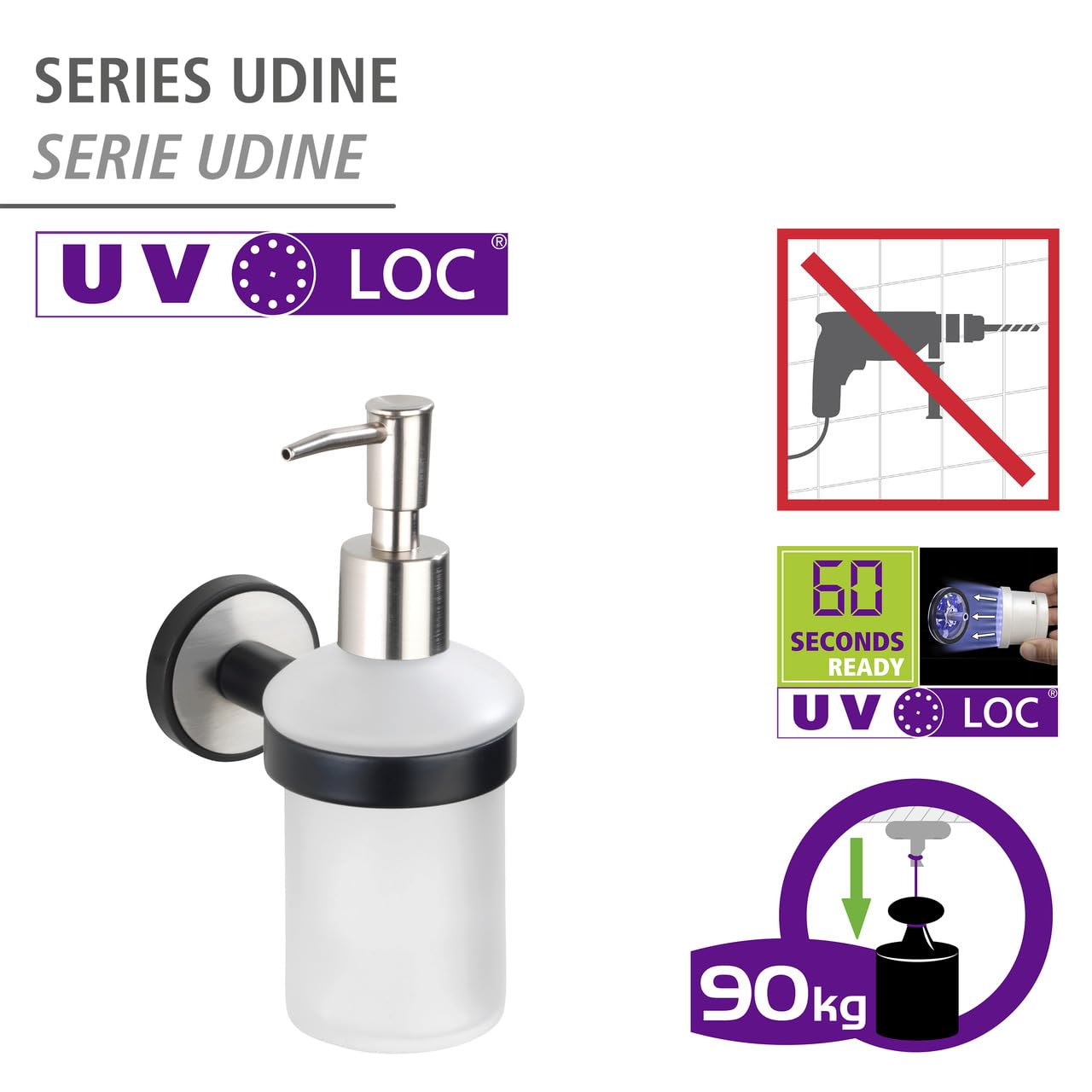 wenko-uv-loc-udine-seifenspender-200-ml-7-x-16-2-x-11-cm-glas-edelstahl-schwarz- image 2