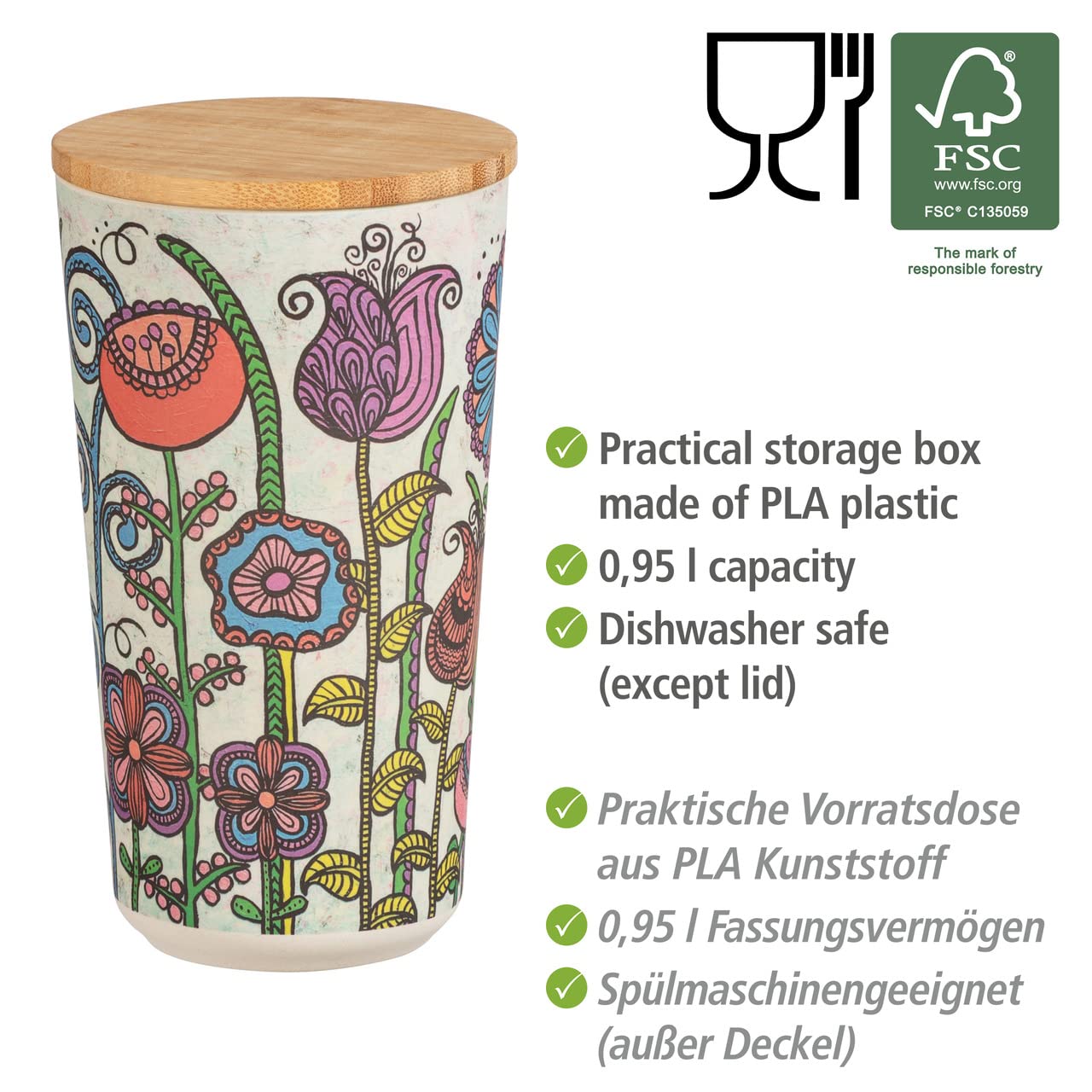 wenko-flowers-vorratsdose-0-95-liter-mit-bambusdeckel-10-5-x-18-5-cm-mehrfarbig image 2