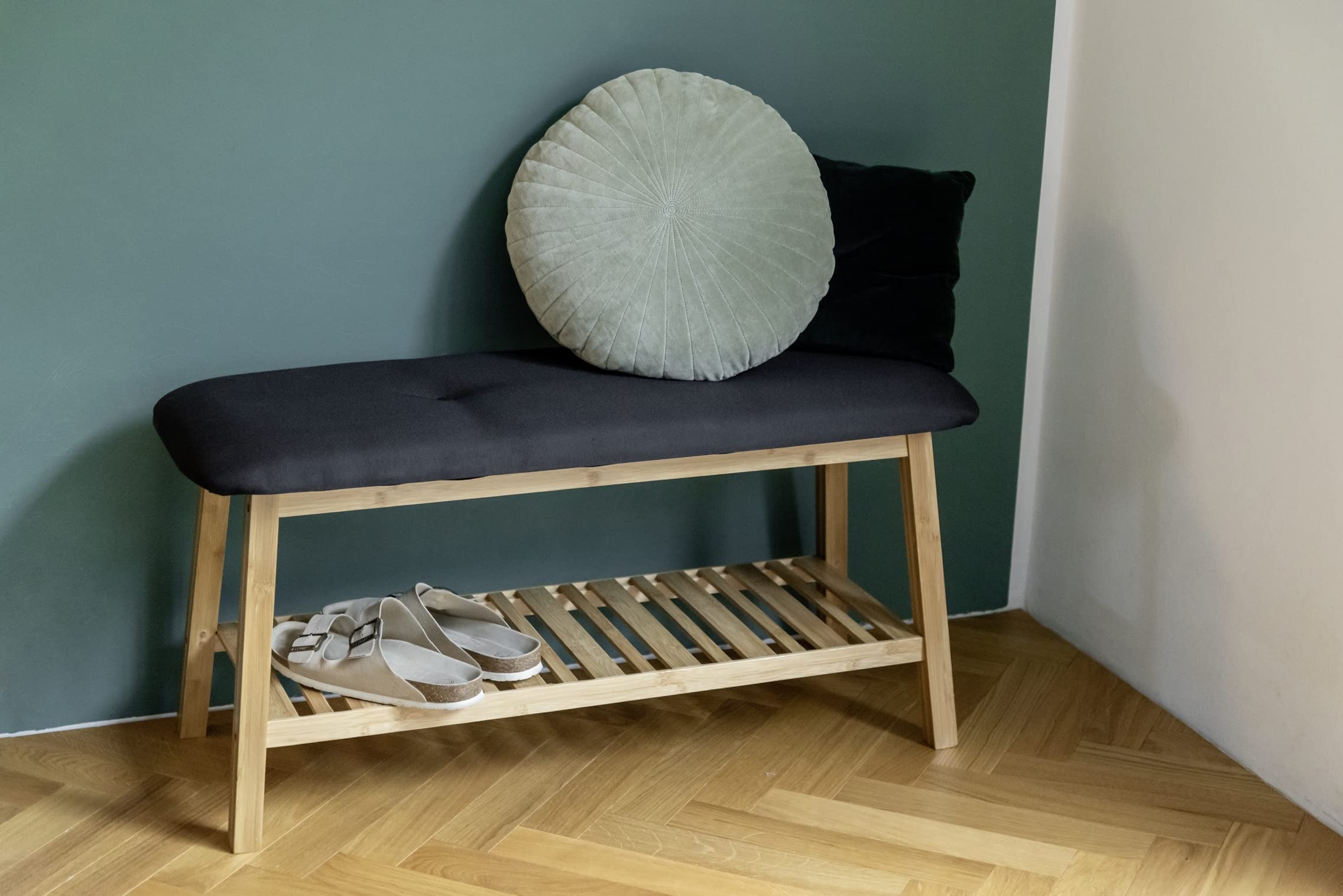 wenko-ecori-schuhbank-mit-sitzpolster-90-x-45-x-33-cm-sitzbank-bambus-natur-schw image 2