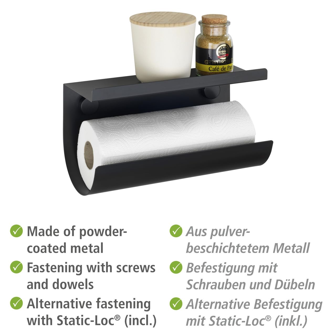 wenko-k-chenrollenhalter-jet-schwarz-30-x-15-x-12-cm-mit-ablage-ohne-bohren image 3