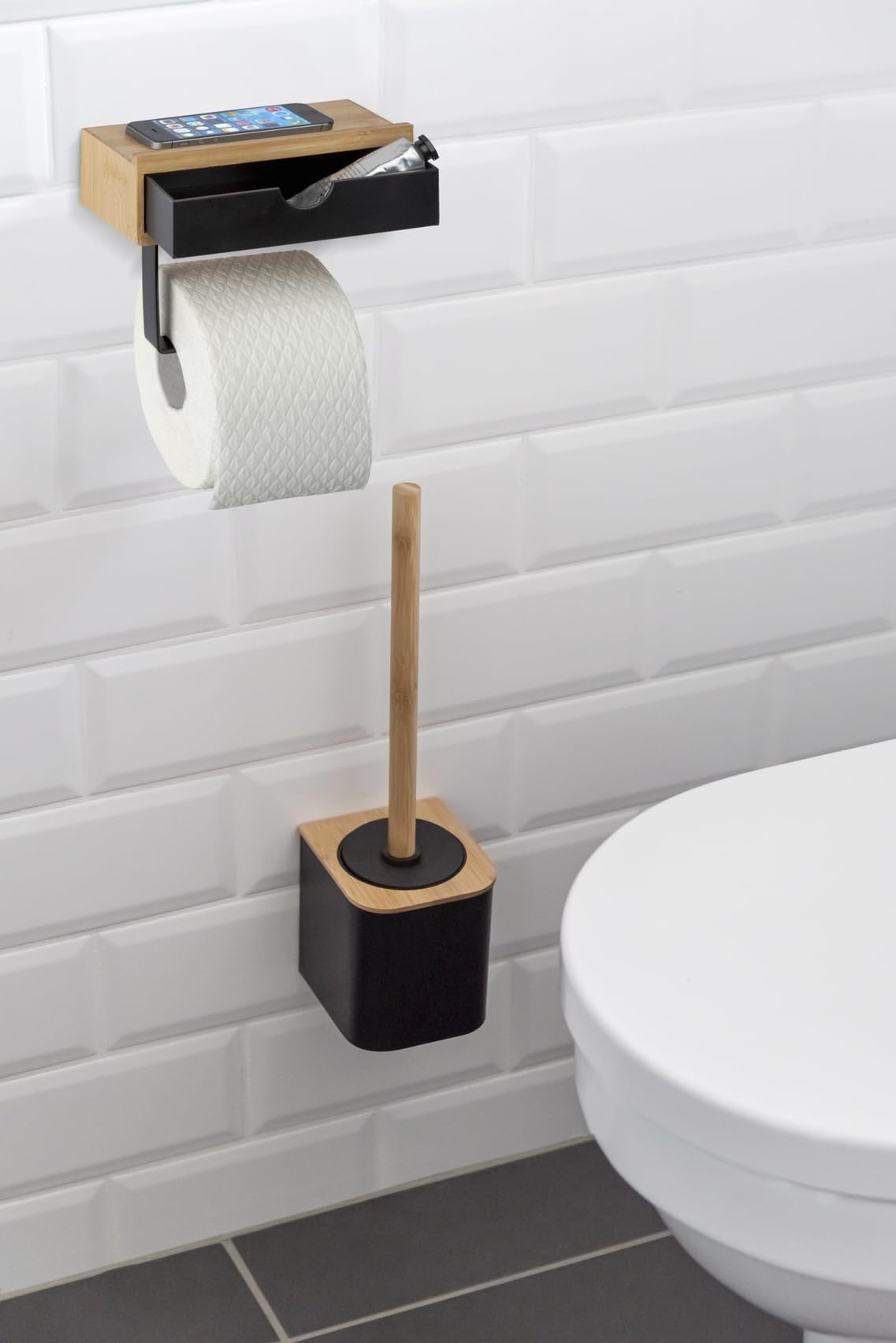 wenko-bambusa-toilettenpapierhalter-mit-ablage-und-schublade-natur-schwarz image 2