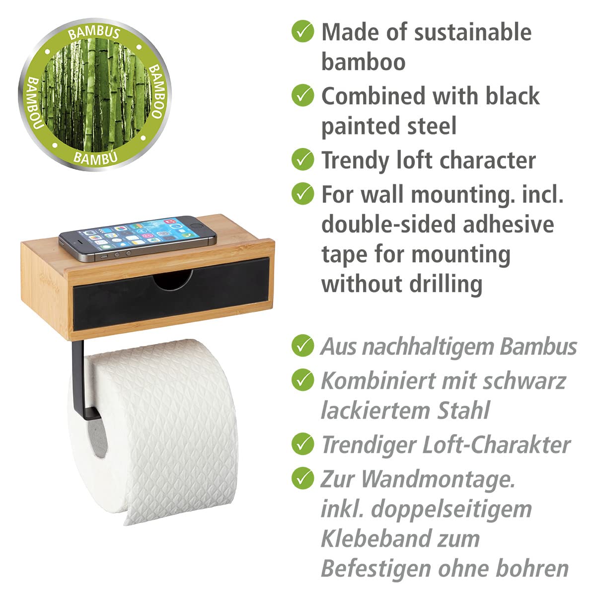wenko-bambusa-toilettenpapierhalter-mit-ablage-und-schublade-natur-schwarz image 5