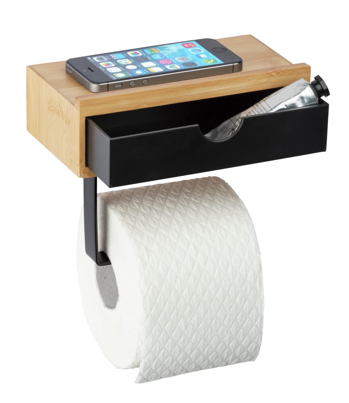 wenko-bambusa-toilettenpapierhalter-mit-ablage-und-schublade-natur-schwarz image 8