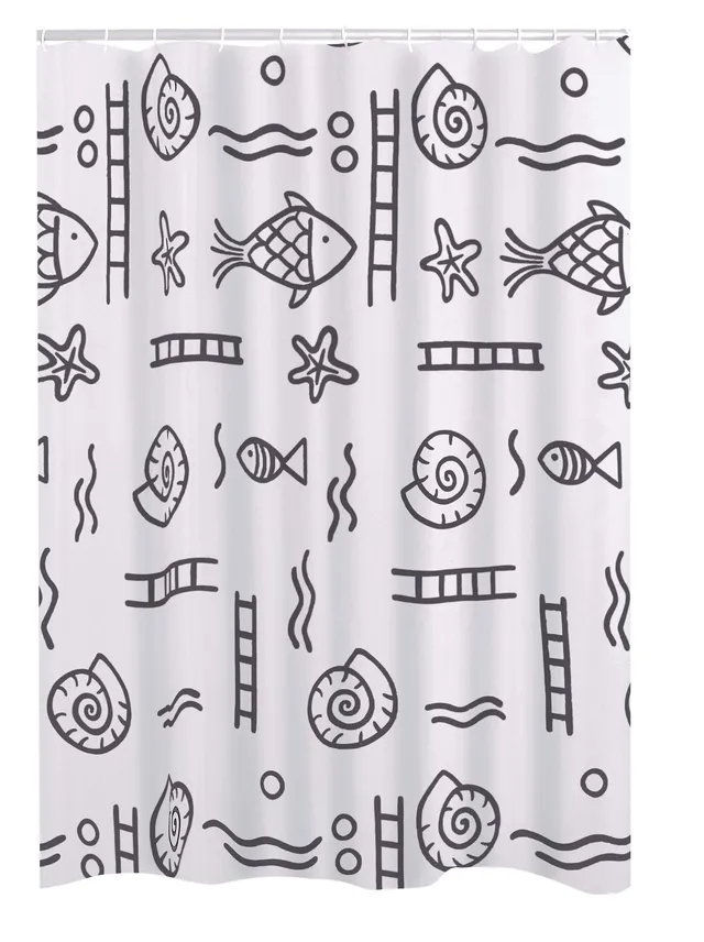 ridder-duschvorhang-textil-neptun-180x200-cm-grau-mit-fischen-inkl-ringe image 1