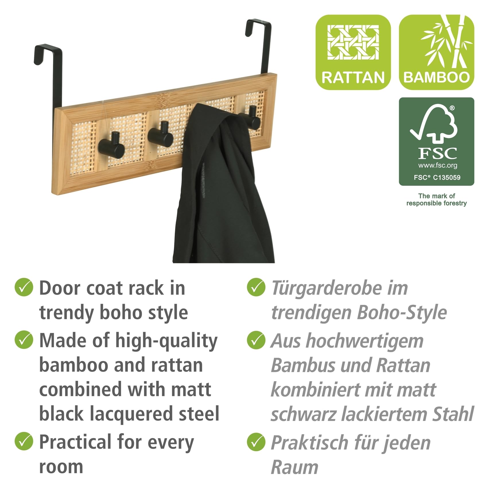 wenko-allegre-t-rgarderobe-zum-einh-ngen-bambus-rattan-boho-4-haken-33-x-14-x-6- image 2