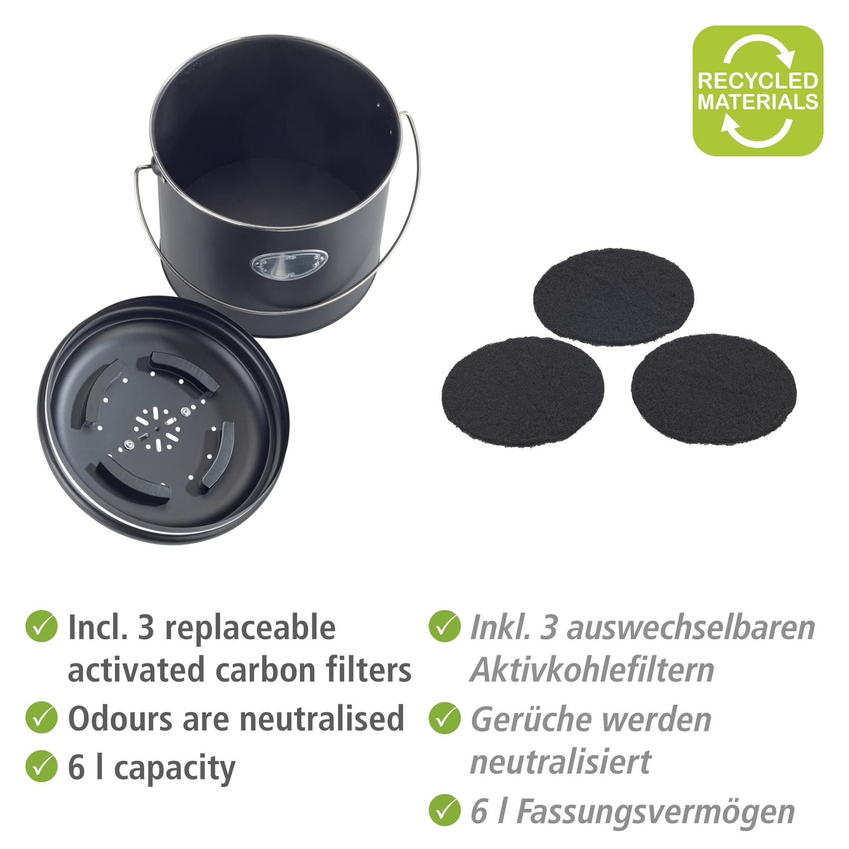 wenko-komposteimer-nero-6-l-metall-schwarz-mit-aktivkohlefilter-22-5-x-22-5-cm image 3