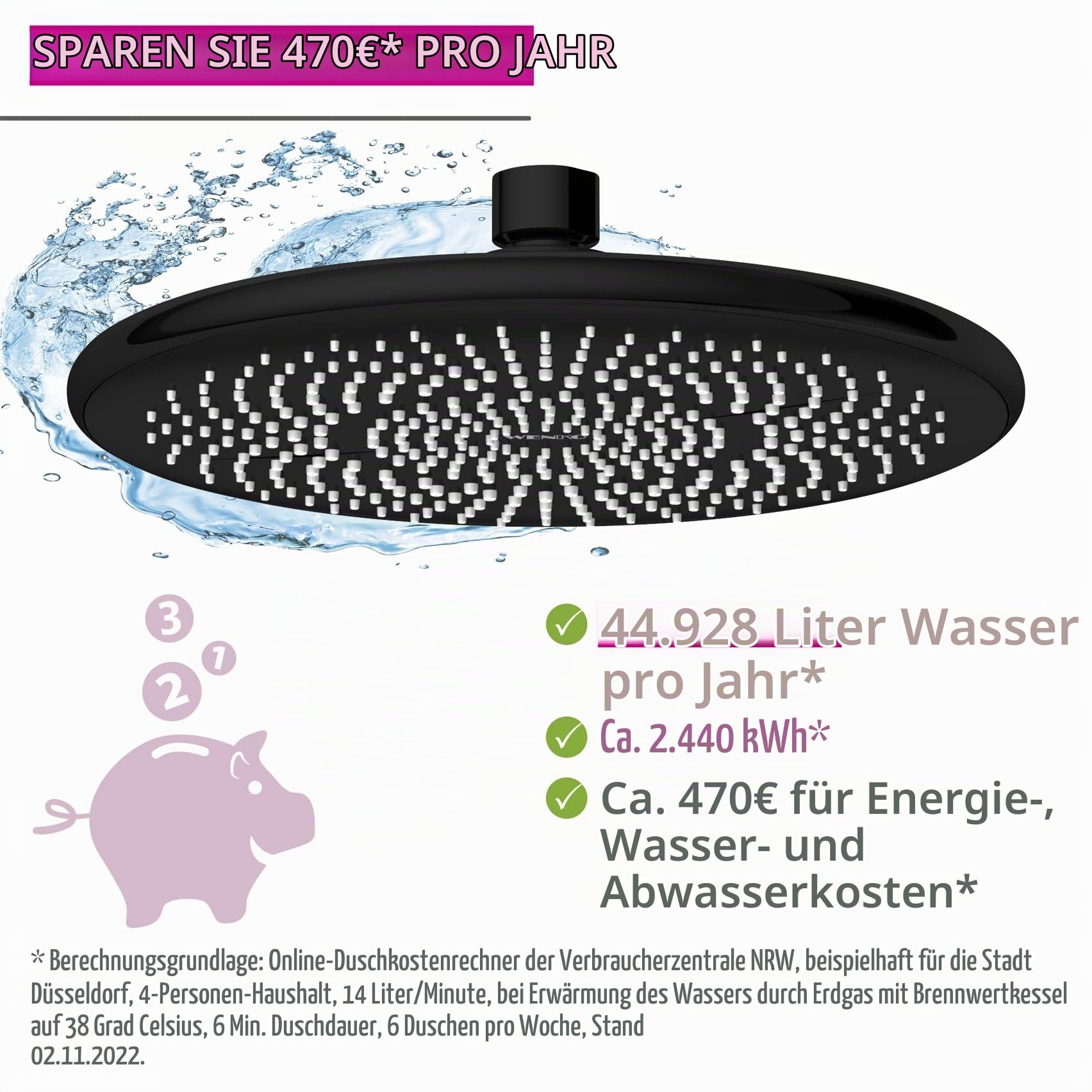 wenko-watersaving-regenduschkopf-kopfbrause-22-5-cm-wasserspar-system-schwarz image 3