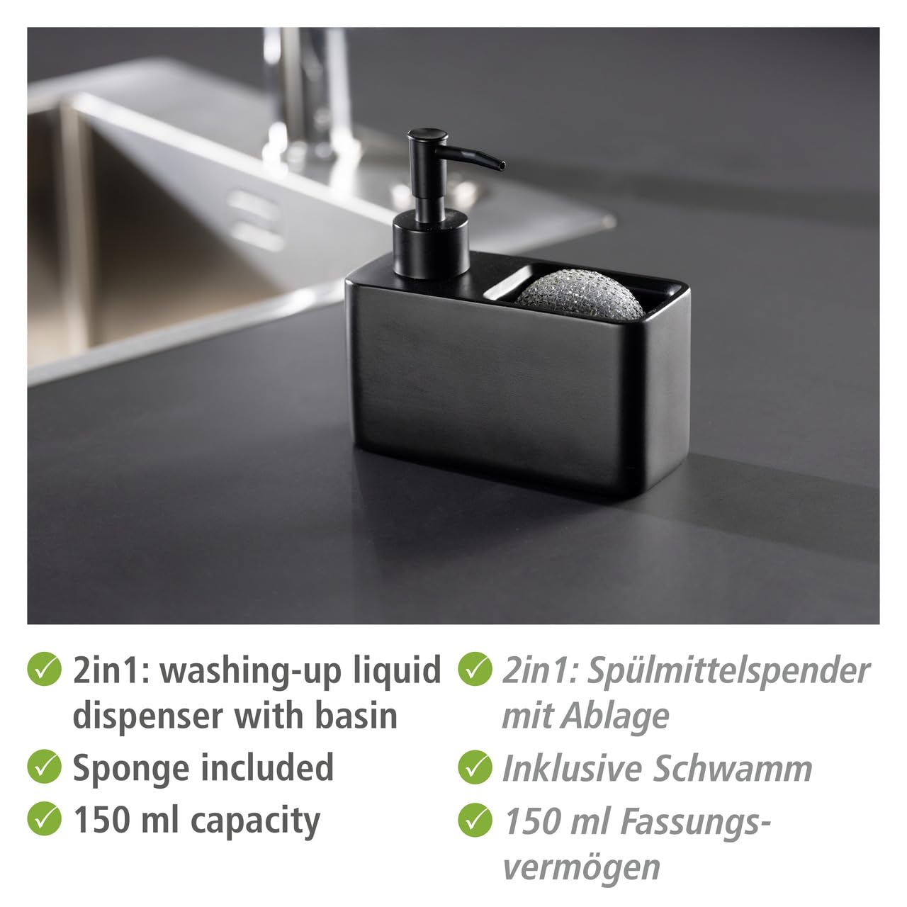 wenko-resa-sp-lmittelspender-150-ml-mit-schwammfach-polyresin-14-5-x-14-3-x-6-cm image 2